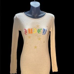 vintage y2k Juicy Couture Beige logo Long Sleeve Top with Rainbow Logo stars S